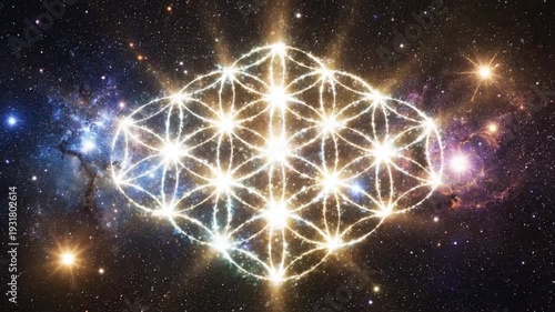 Sacred Geometry Flower of Life in Cosmic Galaxy, Spiritual Energy Symbol