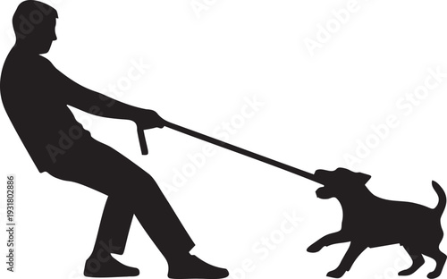Man struggling to walk an energetic dog on a leash, silhouette of a powerful dog pulling owner