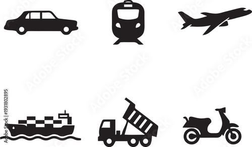 Collection of transportation methods including car, train, plane, ship, truck, and scooter