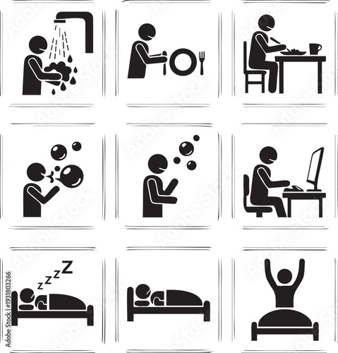 Daily routine activities icons depicting hygiene eating working playing with bubbles sleeping and waking up for schedule planning