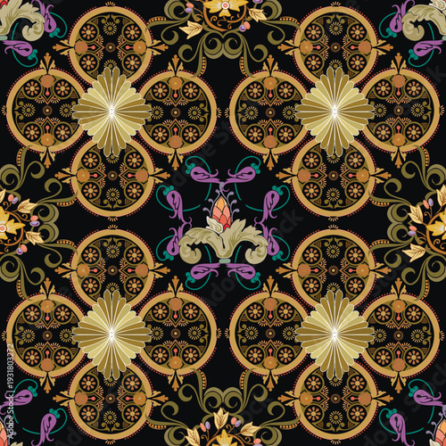 Luxury seamless baroque pattern with golden circular ornaments, royal lilies, and floral scrolls on a black background. Beautiful vector vintage design for premium textiles and elegant decor.