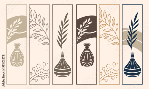 Elegant display of six vertical panels showcasing stylized vases and botanical motifs with a muted color palette