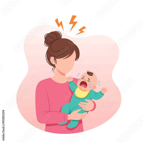 A mother feeling stressed while holding her crying baby, depicting the challenges of parenthood and infant care.
