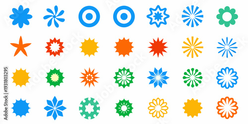 Colorful collection of abstract floral and starburst shaped icons