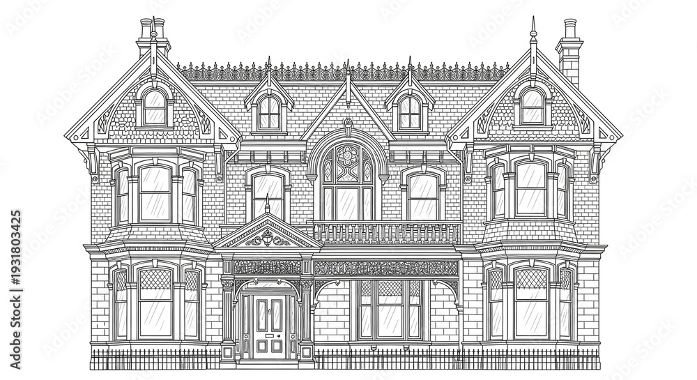 Fototapeta premium Detailed Victorian Queen Anne House Illustration: Ornate Architecture Line Art for Coloring & Design