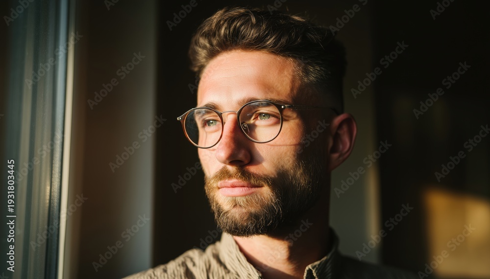 Obraz premium Young Caucasian Man Adult With Short Hair And Beard Wearing Shirt And Eyeglasses Poses For A Close-Up Portrait By The Window.