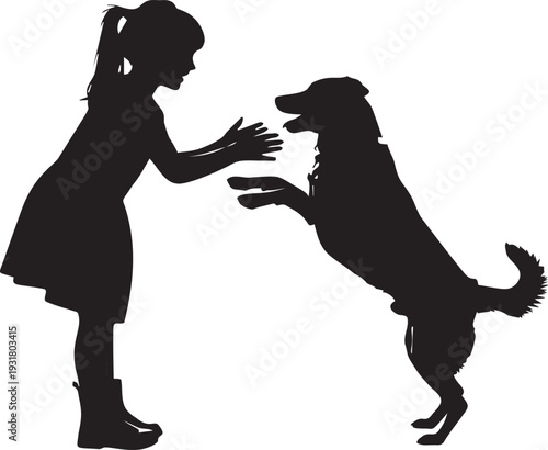Girl playing with her dog silhouette, child and pet interacting happily, friendship and companionship scene