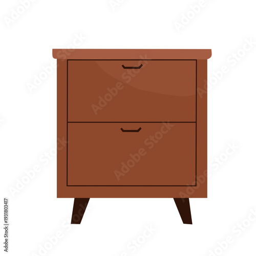 Modern brown wooden bedside table illustration. Stylish nightstand with two storage drawers, perfect for bedroom interiors and home decor. Flat design graphic element