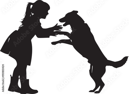 Girl playing with her dog silhouette, child and pet interacting happily, friendship and companionship scene