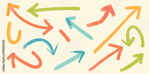 Colorful hand drawn arrows pointing in various directions on a pale background