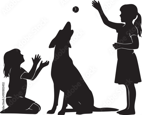 Children playing fetch with a dog outdoors in silhouettes kids throwing ball dog catching it happily