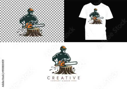 Lumberjack and Chainsaw Cutting logo, Woodcutting Tree Trunk Logo editable vector Design 