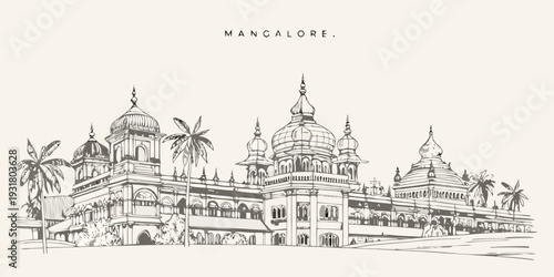 Mangalore cityscape illustration featuring ornate architectural landmarks and palm trees