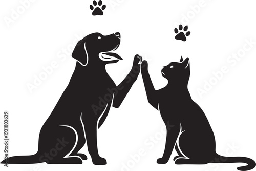 Dog and cat high five with paw prints on transparent background, pet friendship and animal companions