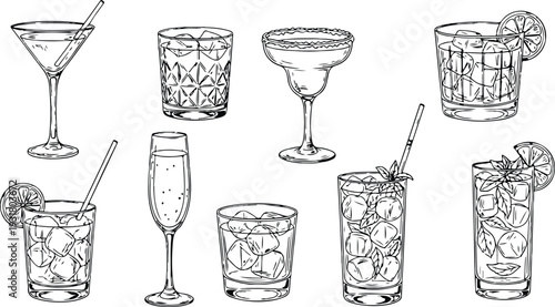 Hand drawn collection of drinks and cocktails. Vector illustration of classic cocktails in different types of glasses. Alcohol beverages in doodle ink sketch style for wedding or birthday party menu