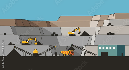 Cartoon OpenPit Coal Mine with Excavators and Conveyor Belts.