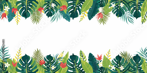 A vibrant border of tropical leaves and delicate white flowers