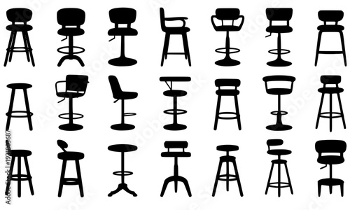 Collection of Black Bar Stool and Chair Silhouettes Set with Various Modern and Classic Furniture Designs for Interior and Seating Concepts