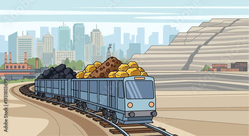 Cartoon Train Carrying Coal and Goods Through an Urban Landscape.