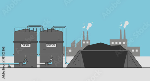 Diesel tanks and coal pile at industrial facility illustration.