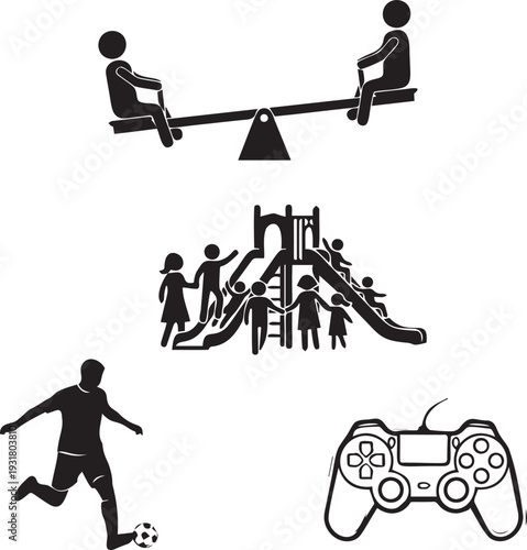 Playground activities icons set including seesaw slide soccer player and game controller vector silhouette for leisure recreation