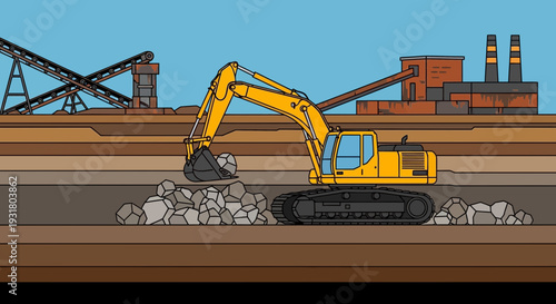 Excavator at Work Mining Operation Illustration.