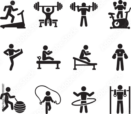 Set of black vector silhouettes of people doing various exercises and physical activities on transparent background