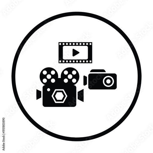 Icons of film projector camera and play button in circular frame