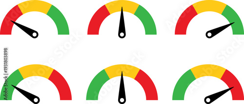Six speedometer gauges with different needle positions
