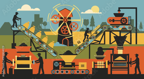 Industrial Process Illustration Workers and Machines in Production.