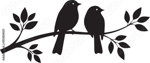 Silhouette of two birds perched on a tree branch with leaves, symbolizing nature, companionship, and peaceful coexistence in black