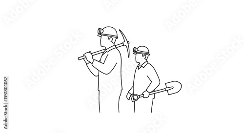 Line Art Depiction of Two Miners with Tools.