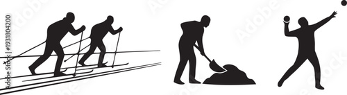 Winter sports and outdoor work silhouettes including skiers digging person and shot put athlete vector illustration set design