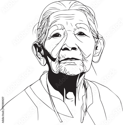 Old Woman Black and White Avatar Illustration in Minimal Line Art Style Design