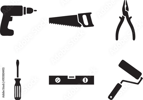 Hand tools set with drill saw screwdriver pliers level and paint roller for home improvement