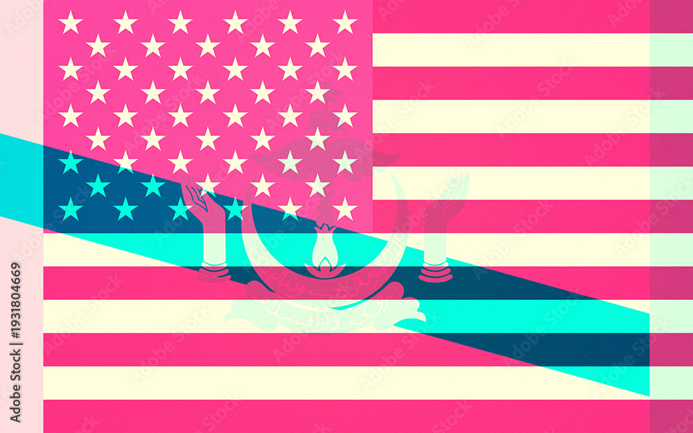 Naklejka premium Abstract Graphic Illustration Blending the American and Afghanistan National Flags with Symbolic Overlay in Vibrant Hues