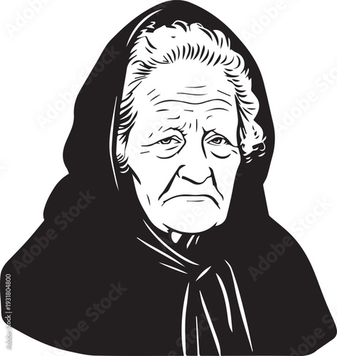 Old Woman Black and White Avatar Illustration in Minimal Line Art Style Design