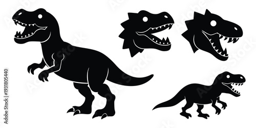 Black And White TRex Dinosaur Character Silhouette Vector Set