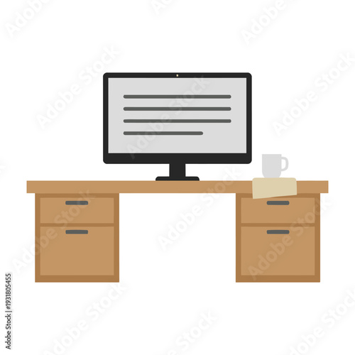 Modern wooden desk showcasing minimalist office workspace with monitor and coffee mug