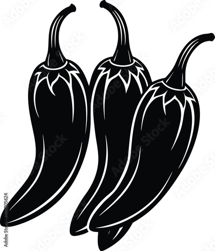 Three black silhouette chili peppers arranged diagonally on transparent background