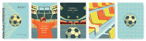 Set of football poster designs in flat artistic style with grainy texture featuring stadium, victorious player and soccer ball for World Cup 2026 promotion, vector illustration