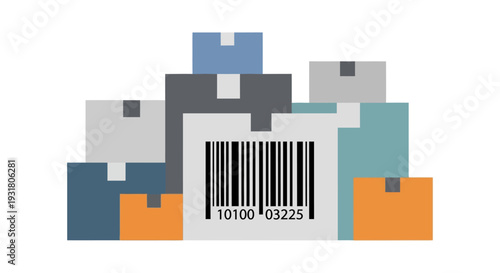 A colorful illustration of stacked boxes with a barcode label.