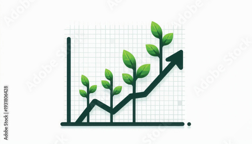 Sustainable Business Growth Chart. Eco-friendly investment progress symbolized by rising plants on a hand-drawn financial line graph.