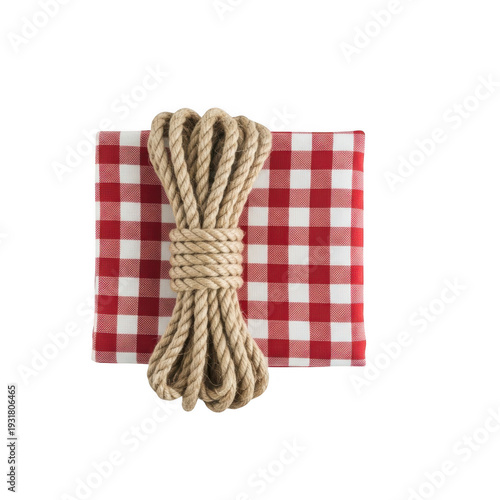 Decorative checkered cloth bundle tied with natural twine on white background