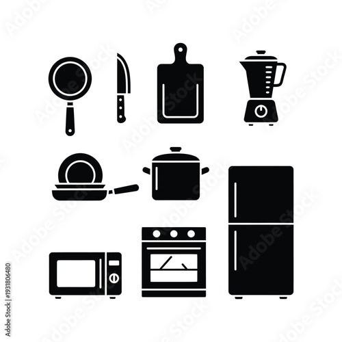 Kitchen appliance and cookware icons set including microwave and oven and refrigerator and blender and pots and pans