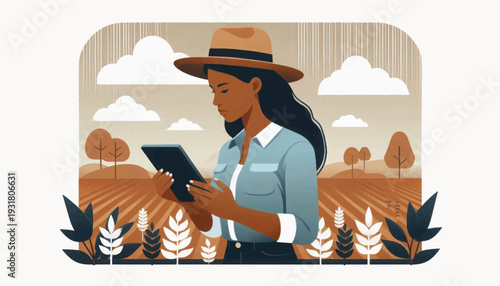 Smart Farming: Female farmer managing crops with a digital tablet in a stylized illustration of modern agriculture and technology integration.
