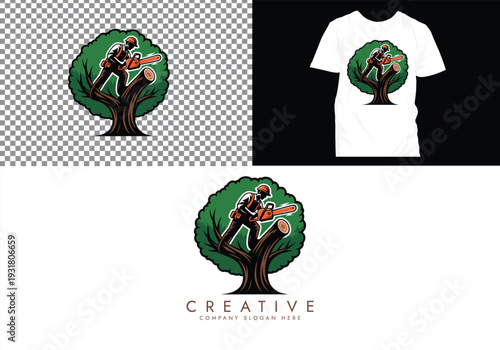 Lumberjack and Chainsaw Cutting logo, Woodcutting Tree Trunk Logo editable vector Design 