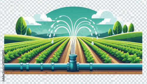 Modern Irrigation System Watering Farm Crops. Sustainable Agriculture Field with Water Sprinkler. Textured Vector Illustration.