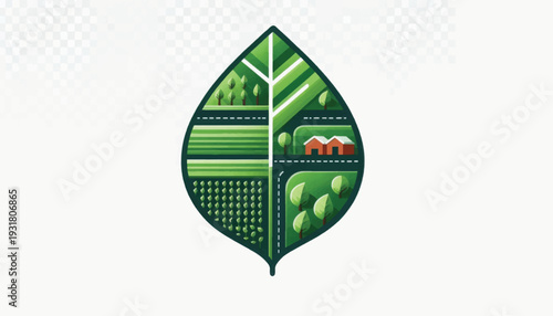 Green agricultural landscape illustrated inside a leaf shape. Sustainable farming and nature ecosystem concept logo design.