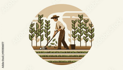 Retro Illustration of Farmer Weeding Field with Hoe. Vintage Agriculture and Cultivation Concept, Flat Design Style